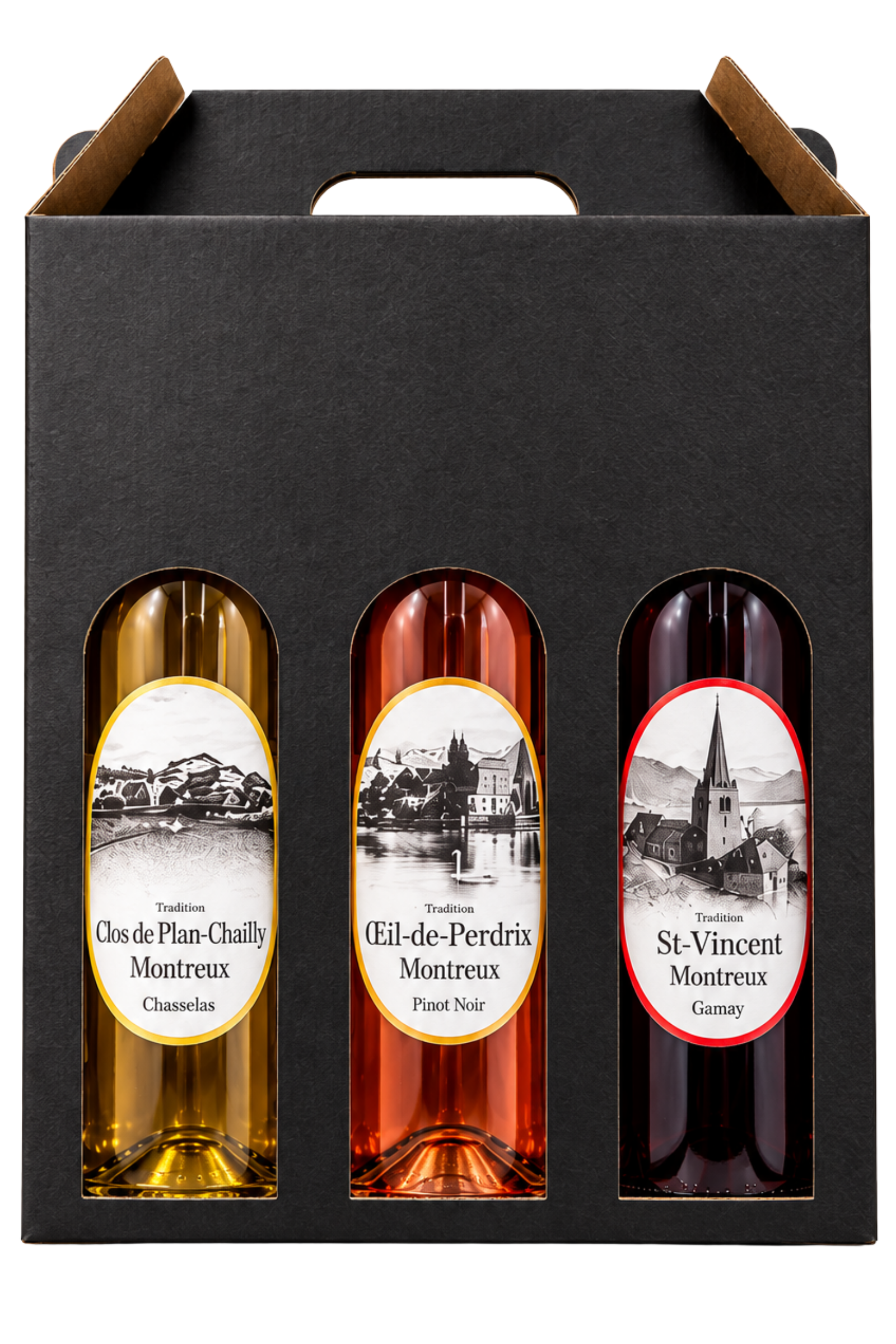 Coffret Tradition : Clos de Plan-Chailly, Œil-de-Perdrix et St-Vincent dans leur porteur noir