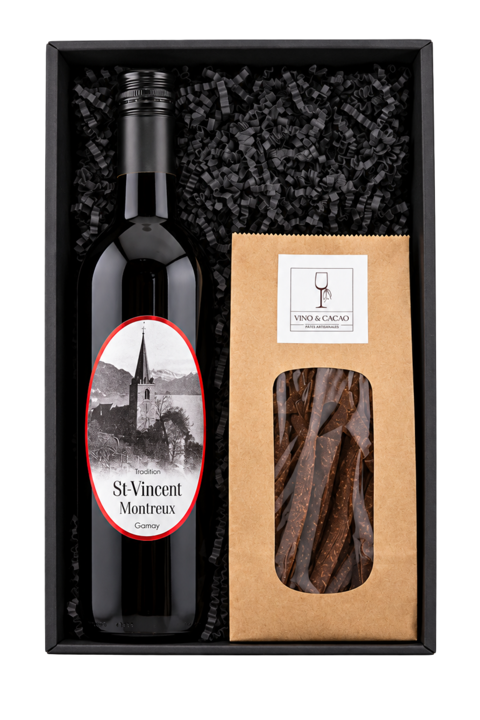 Coffret Gourmand ouvert : St-Vincent Gamay et sachet de flûtes salées au cacao Vino & Cacao