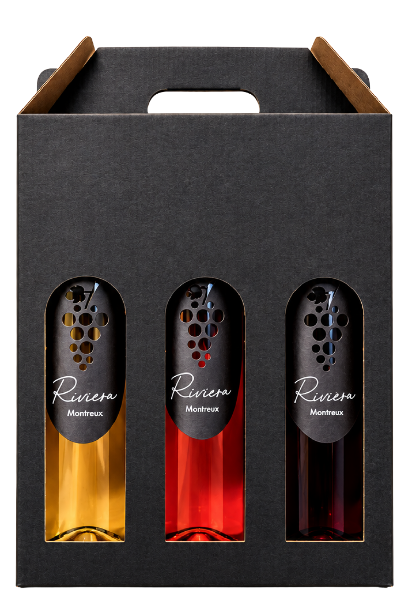 Coffret Riviera : trois bouteilles Montreux Riviera, blanc, rosé et rouge, dans leur porteur noir