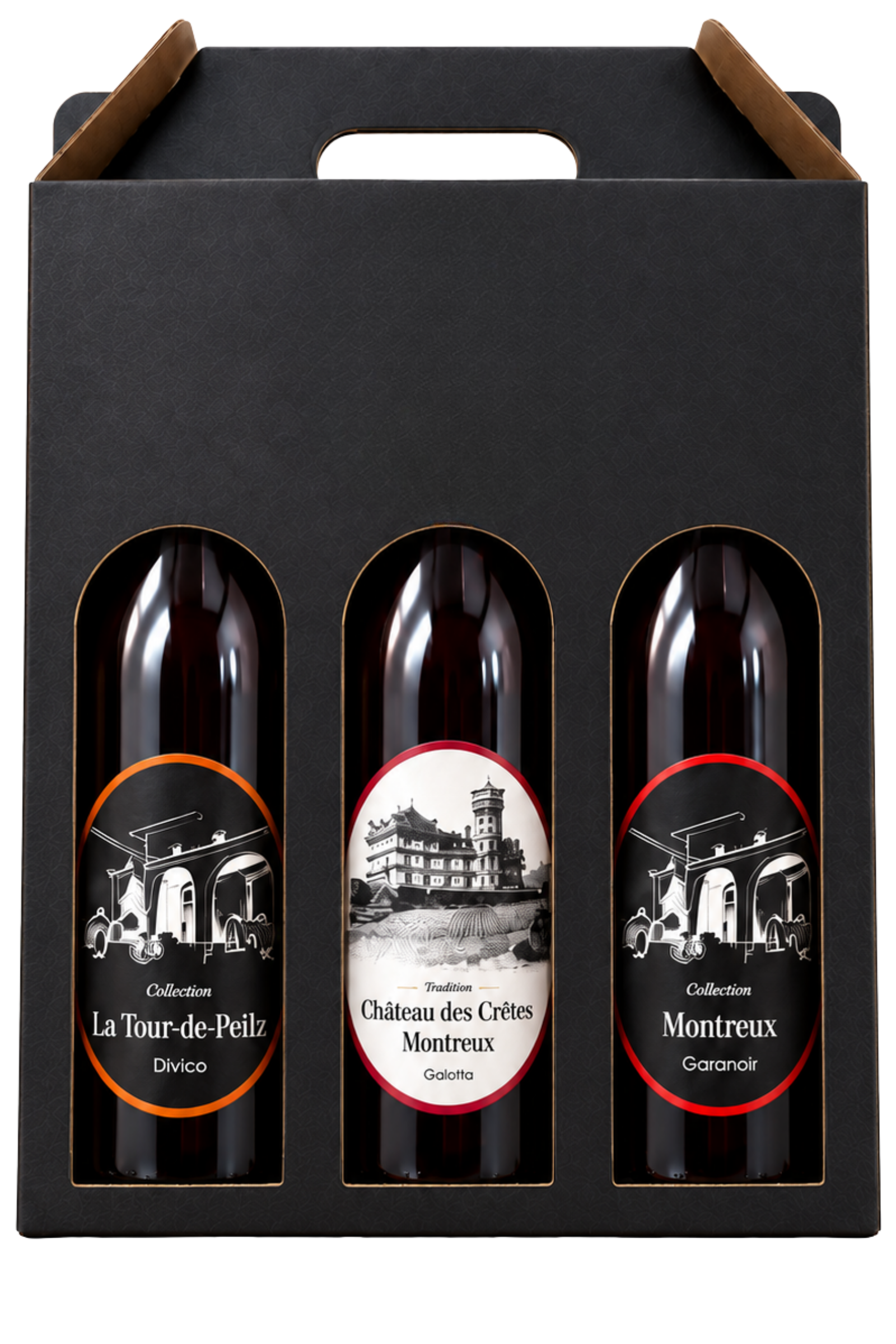 Coffret Chasse : La Tour-de-Peilz Divico, Château des Crêtes Galotta et Montreux Garanoir dans leur porteur noir