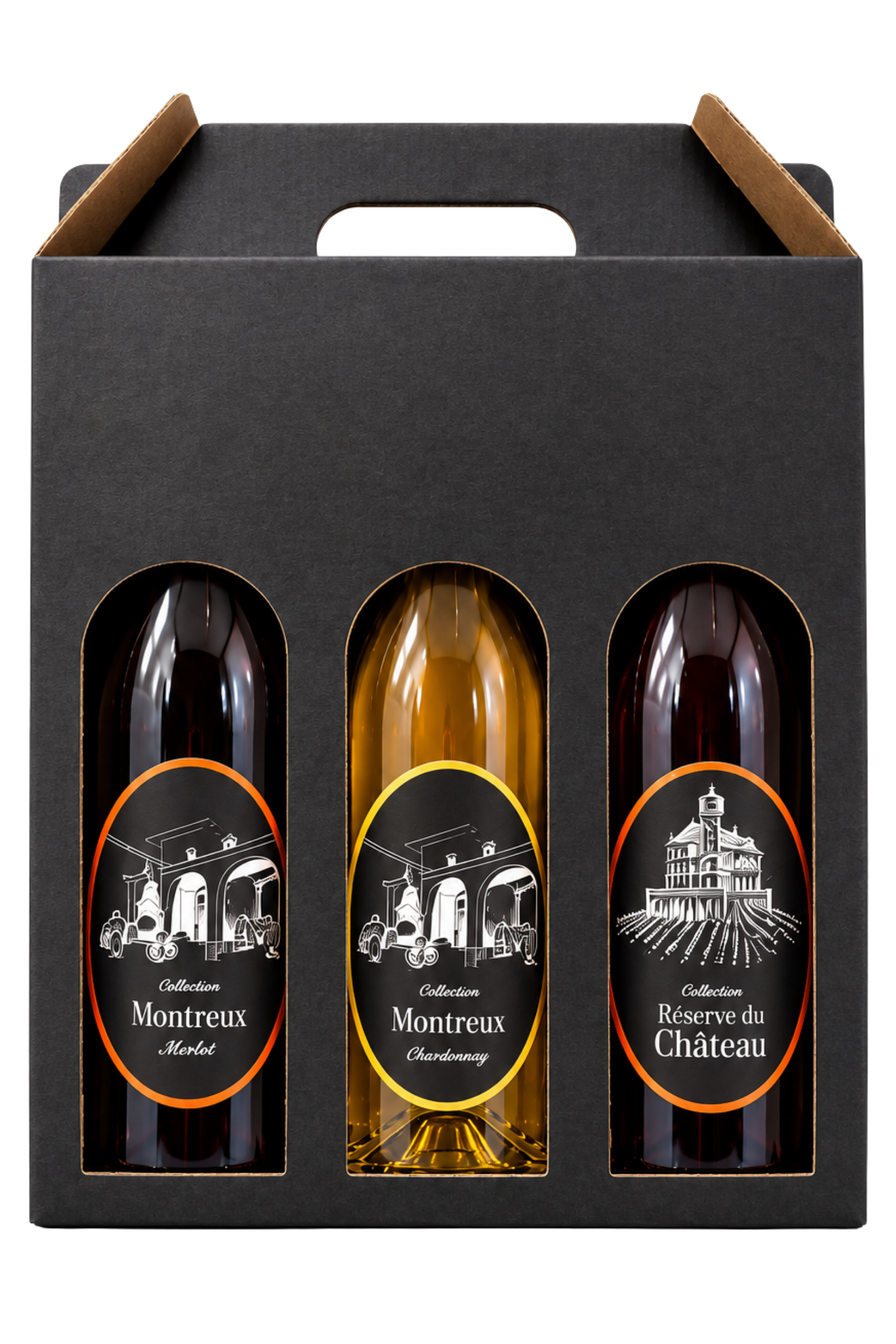 Coffret Collection : Montreux Merlot, Montreux Chardonnay et Réserve du Château dans leur porteur noir