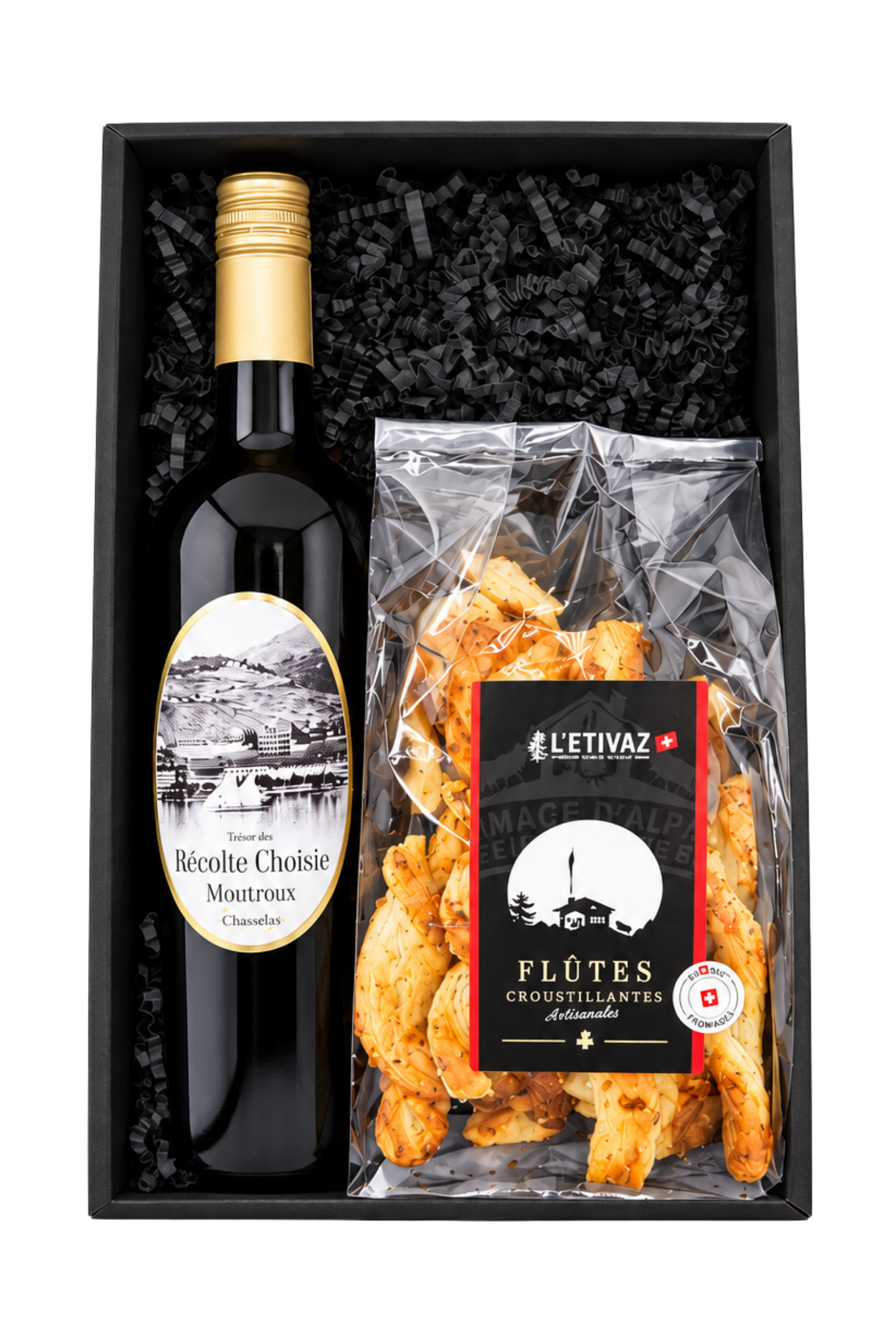 Coffret Apéro ouvert : Récolte Choisie Chasselas et flûtes croustillantes L'Etivaz AOP