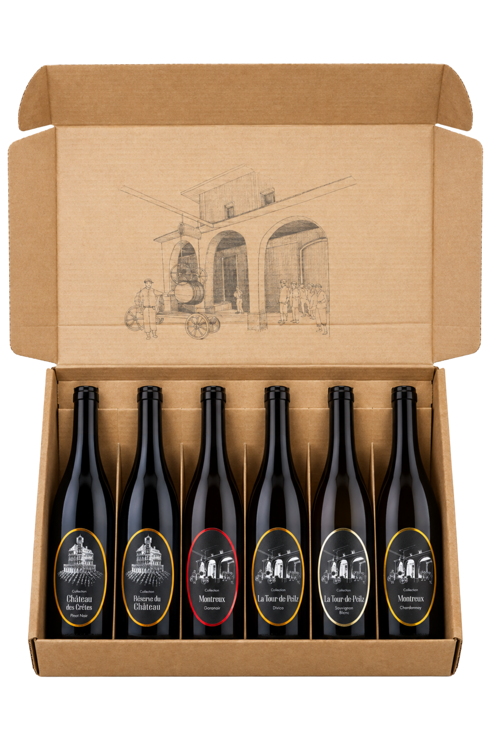 Coffret Maxi Collection ouvert : six bouteilles de la gamme Collection dans un carton brun illustré