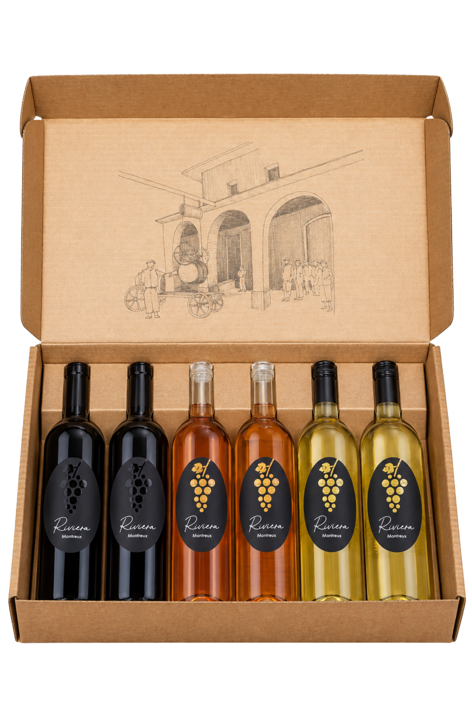 Coffret Maxi Riviera ouvert : six bouteilles Riviera, deux rouges, deux rosés et deux blancs, dans un carton brun illustré