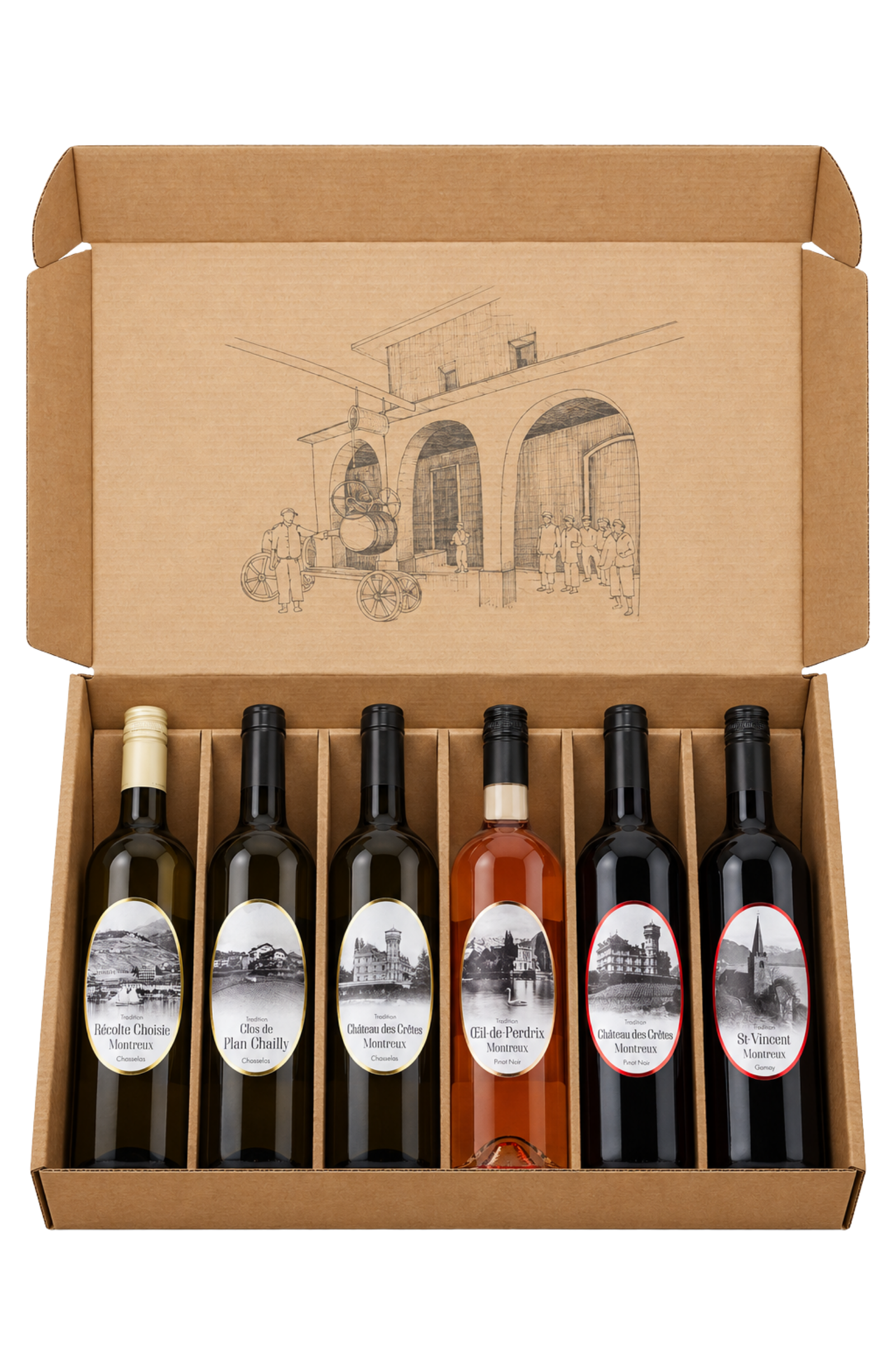 Coffret Maxi Tradition ouvert : six bouteilles de la gamme Tradition dans un carton brun illustré