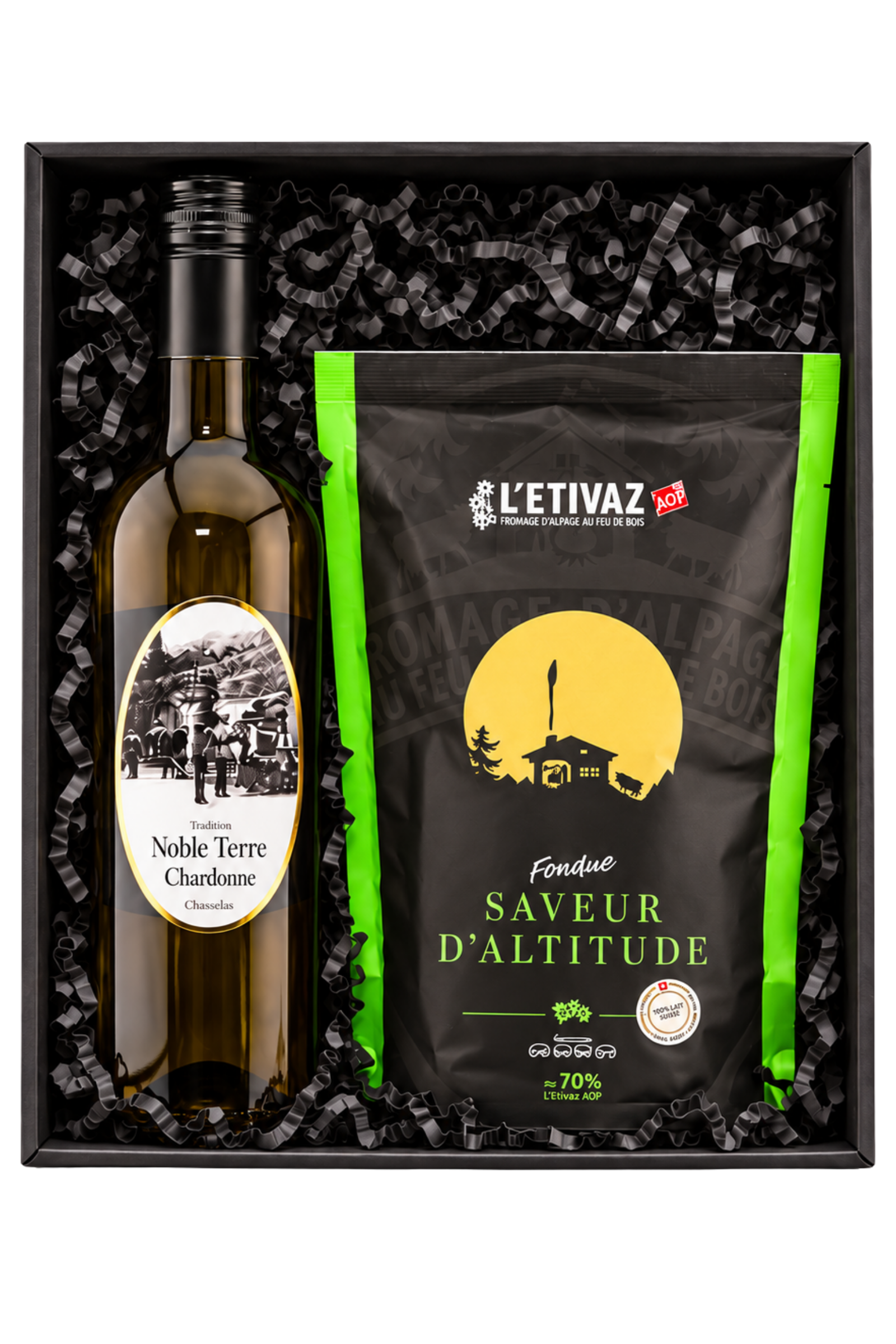 Coffret Fondue ouvert : Chardonne Noble Terre Chasselas et fondue Saveur d'altitude L'Etivaz AOP