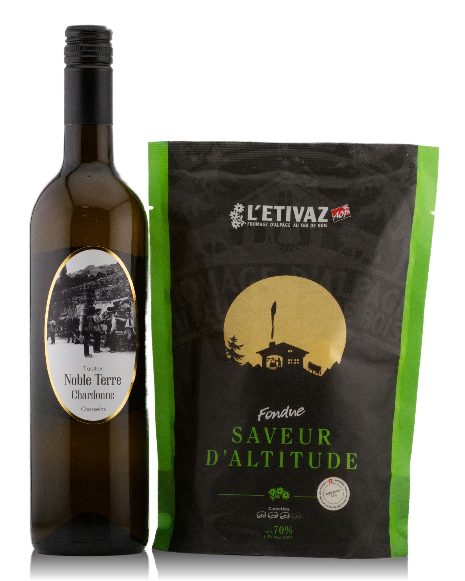 Coffret Fondue : Chardonne Noble Terre Chasselas et fondue Saveur d'altitude L'Etivaz AOP