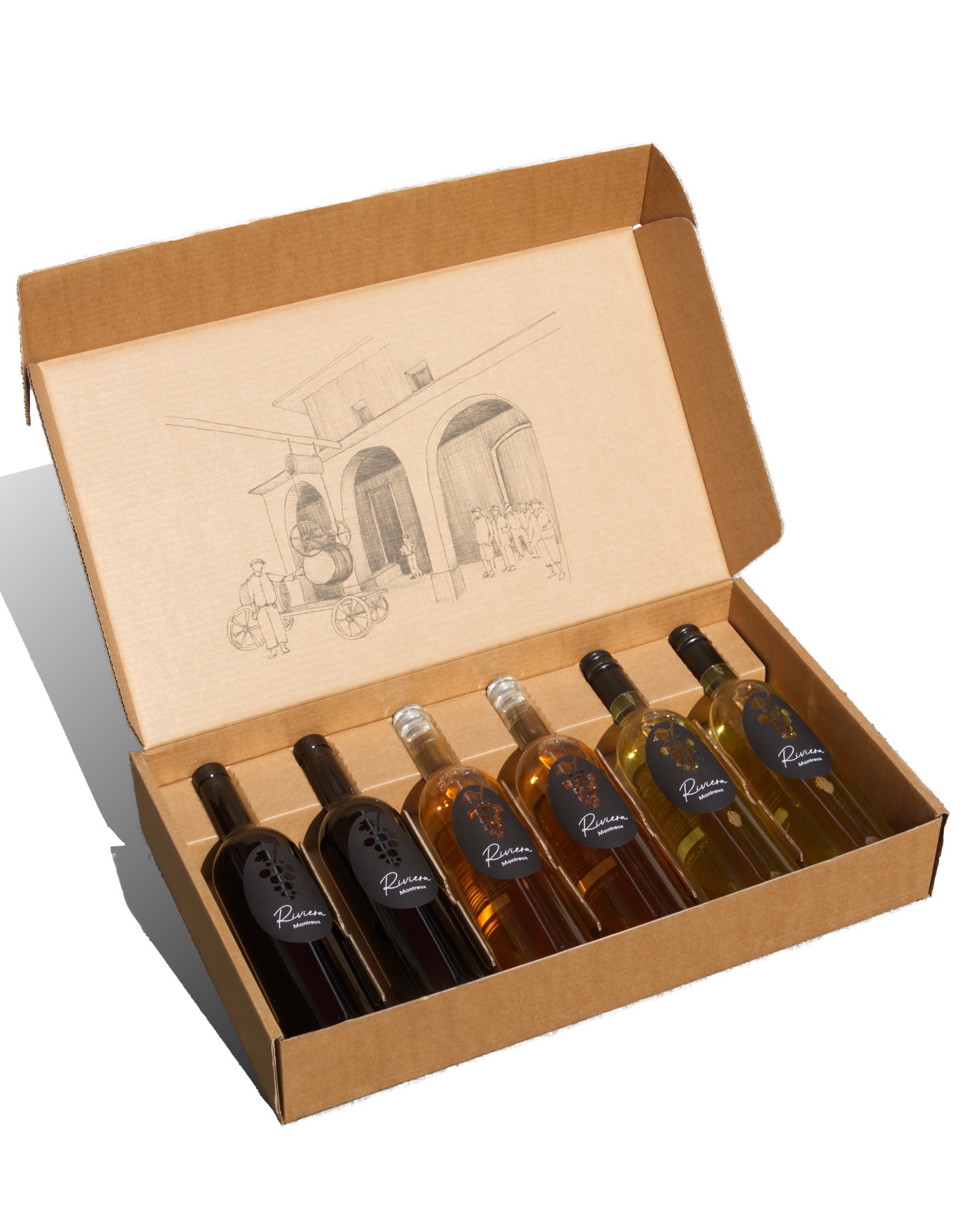 Coffret Maxi Riviera ouvert : six bouteilles Riviera dans un carton brun